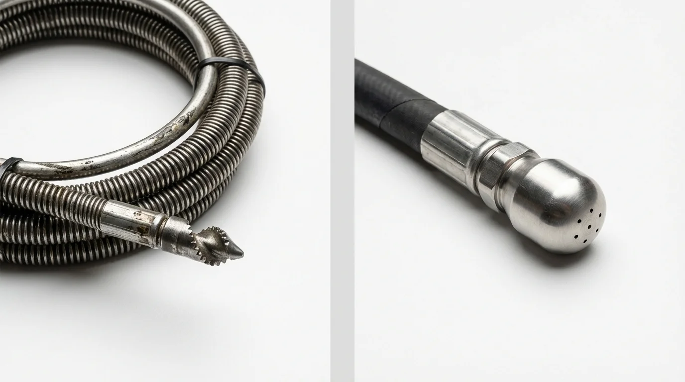 Drain snake cable and hydro jetting nozzle used for drain cleaning in Columbus, NM