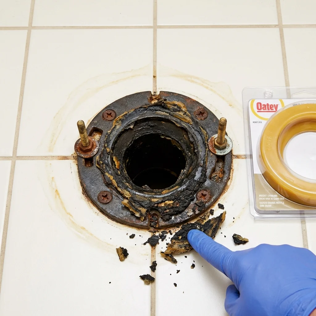Failed wax ring showing water seepage at the base of a toilet in a Columbus, NM home