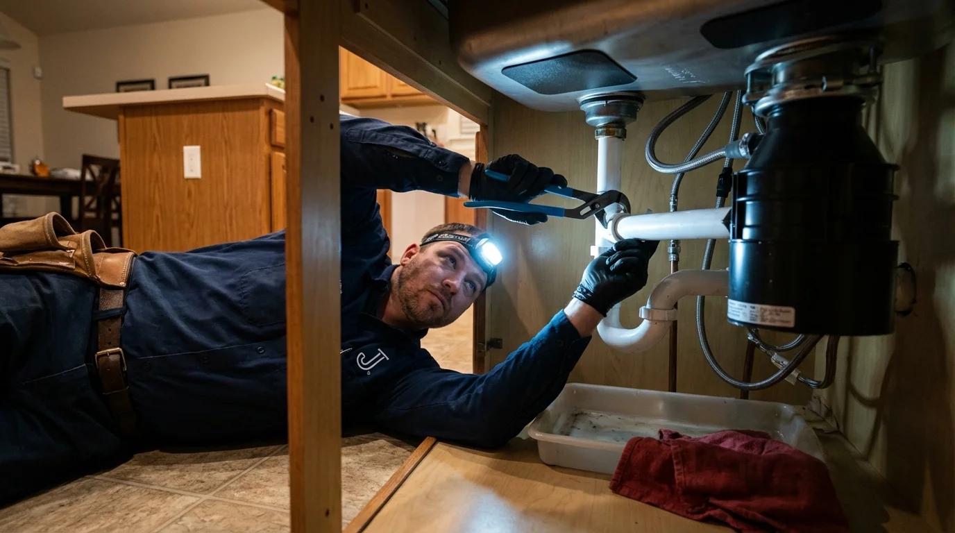 P-trap and supply line connections under a kitchen sink showing a common leak point in Columbus, NM